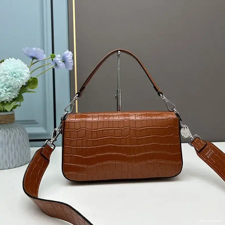 Affordable HOT Leather Baguette Brown Crocodile Bag Medium Re-Edition Fendi In 0412